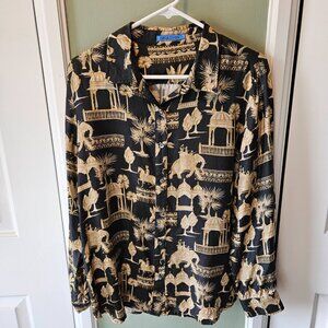 J. McLaughlin Denver Silk Blend Shirt Blouse Black Tan Large L India Work Casual